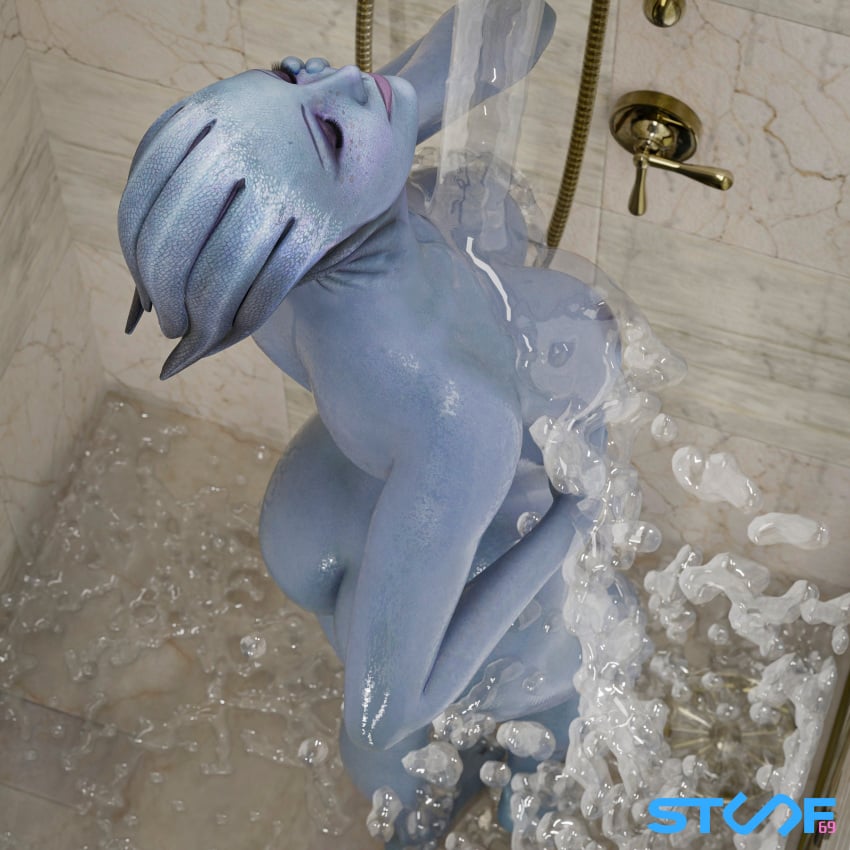 3d 3d_(artwork) blender_(software) female female_focus female_only liara_t'soni mass_effect shower solo_female stuuf69 wet_body wet_skin