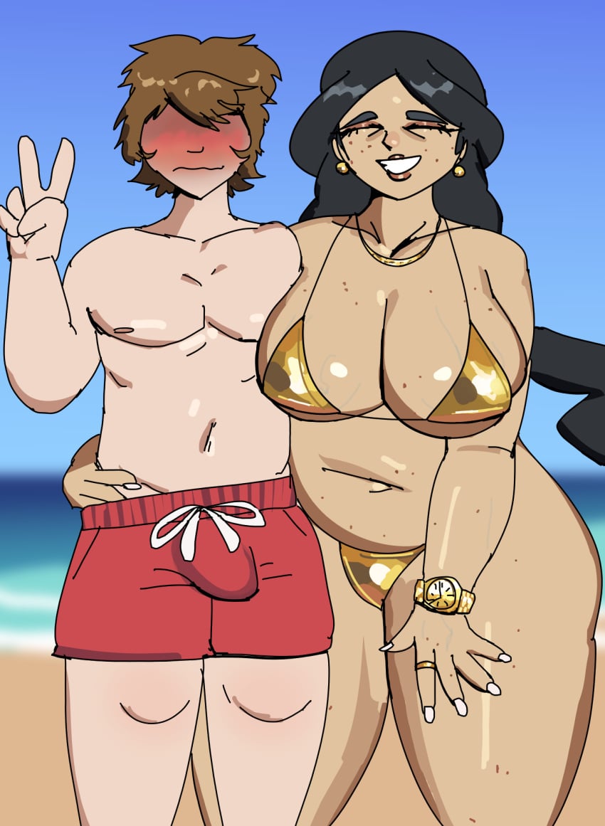 beach big_breasts bikini chubby drasna_(pokemon) gold_bikini gold_jewelry hand_in_pants milf pokemon sandtraps