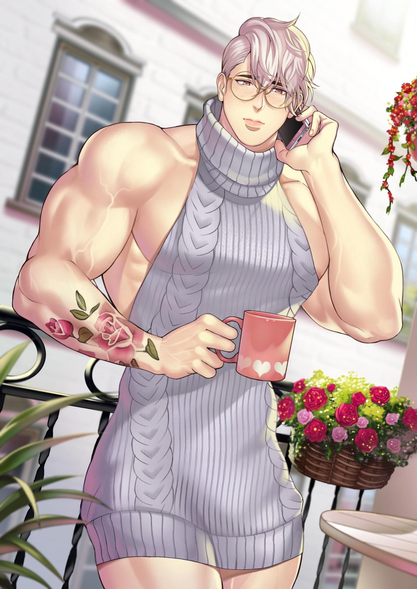 1boy arms_up bara beefy biceps big_breasts blurry_background crossdressing dress femboy flower freckles gay glasses heart heart_symbol hi_res holding_object holding_phone hunk jouvru_(joberu) knitted_sweater lips lipstick looking_at_viewer male male_breasts male_only manly_crossdresser mature_male mug muscles muscular muscular_arms muscular_male oppai original original_character outdoors pecs pink_clothing pink_eyes pink_hair plant rose rose_tattoo round_glasses short_hair sleeveless smartphone solo sweater talking_on_phone tattoo tattoo_on_arm terrace turtleneck veiny veiny_arms veiny_belly veiny_hands veiny_muscles yaoi