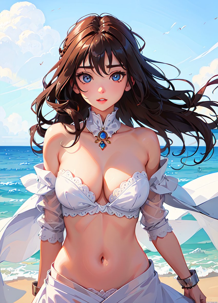 1girls ai_generated bangs bare_shoulders beach bikini bird blue_eyes blue_gemstone blue_sky blush bracelet breasts brooch brown_hair cleavage cloud collarbone cowboy_shot day detached_collar detached_sleeves floating_hair gem horizon jewelry large_breasts lips long_hair looking_at_viewer medium_breasts mole natsuyoru navel ocean outdoors parted_lips red_lips sand sarong seagull see-through see-through_sleeves shore skirt sky solo standing stomach strapless strapless_bikini swimsuit unnamed_character upper_body water white_bikini white_sarong white_skirt wind