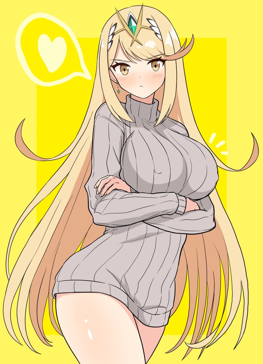 1girls big_breasts blonde_hair blush breasts crossed_arms gold_eyes large_breasts mythra nipple_bulge sweater sweater_dress tagme thick_thighs thighs turtleneck xenoblade_(series) xenoblade_chronicles_2 yoshikirino