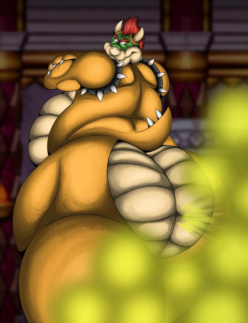 1boy anthro ass belly big_butt bowser butt_focus fart fart_cloud fart_fetish farting_at_viewer gassy hi_res horn koopa looking_at_viewer looking_back looking_back_at_viewer male male_only mario_(series) nintendo nude overweight overweight_anthro overweight_male pillow_shading presenting presenting_hindquarters scalie smelly solo sunflower_fox thick_thighs