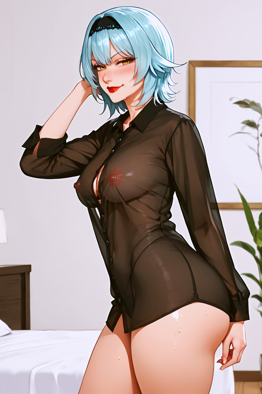 ai_generated ass blush breasts eula_(genshin_impact) genshin_impact huge_ass lingerie lipstick medium_hair naughty_face nightie nipples_visible_through_clothing shiny_skin transparent_clothing