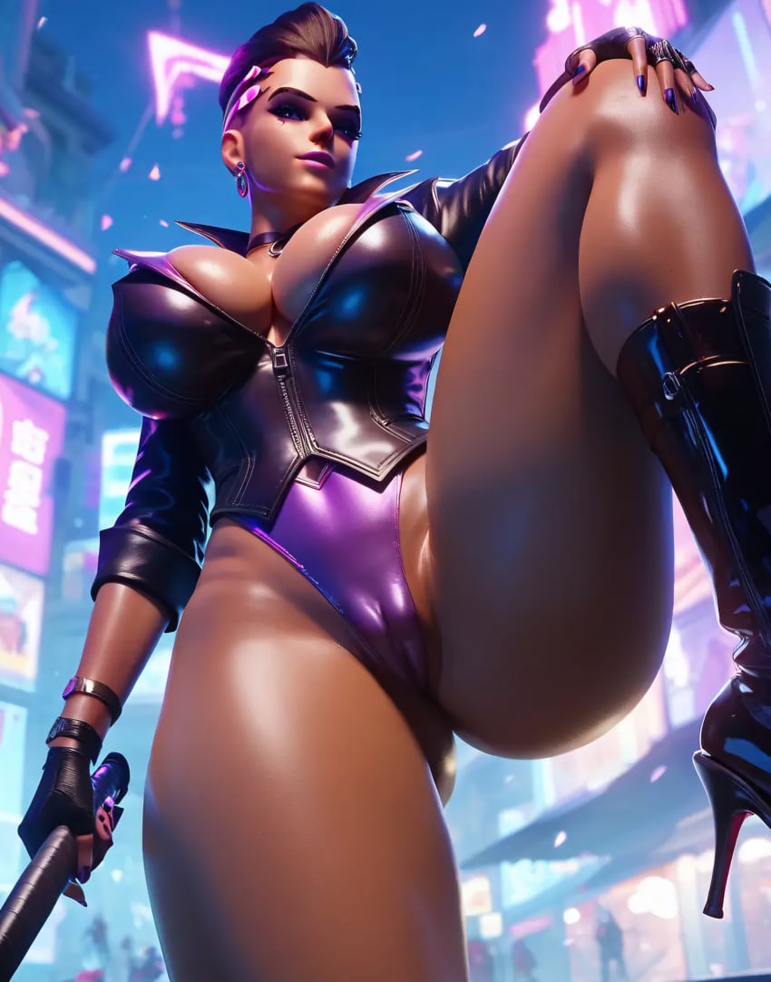 ai_generated cameltoe dominant dominatrix from_below high_heel_boots high_heels huge_breasts overwatch overwatch_2 seductive sombra thighs