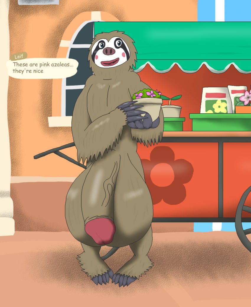 alythewolfcat animal_crossing anthro balls big_balls big_penis english_text flower genitals hi_res huge_balls huge_cock hyper hyper_balls hyper_genitalia hyper_penis leif_(animal_crossing) mammal nintendo penis pilosan plant plant_pot sloth text xenarthran