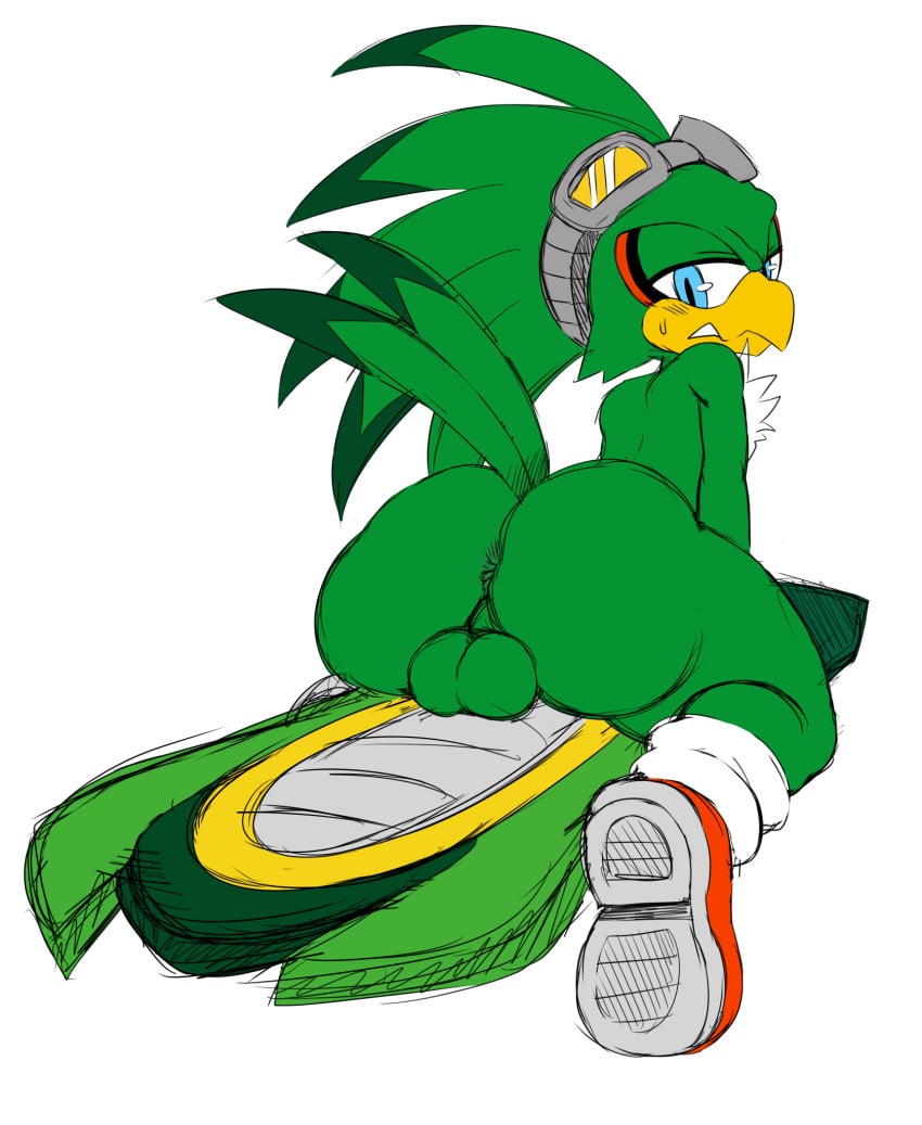 accipitrid accipitriform anus ass avian balls big_butt bird blue_eyes bodily_fluids clothing extreme_gear eyewear eyewear_on_head femboy fluffy_chest footwear genitals goggles goggles_on_head hi_res hoverboard huge_butt jet_the_hawk looking_at_viewer male open_mouth sega shoes sitting solo sonic_riders sonic_the_hedgehog_(series) sssonic2 sweat tail third-party_edit