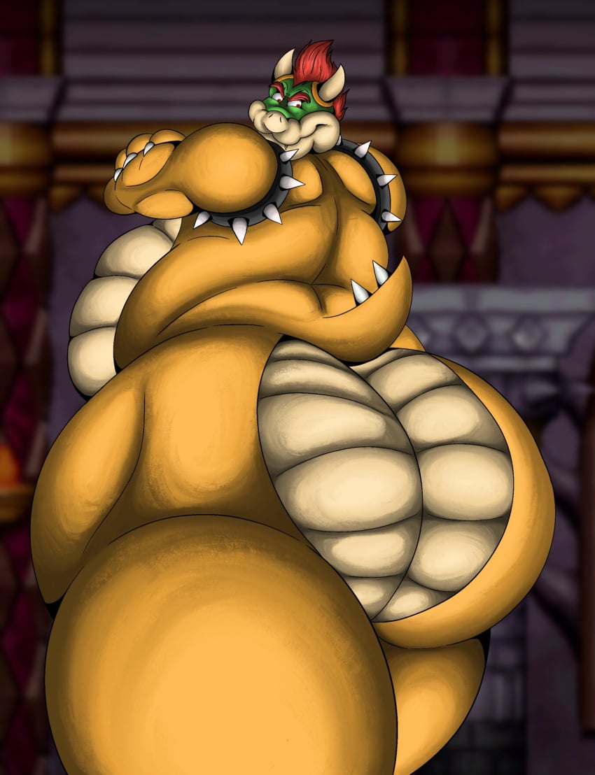 1boy anthro ass belly big_butt bowser butt_focus hi_res horn koopa looking_at_viewer looking_back looking_back_at_viewer male male_only mario_(series) nintendo nude overweight overweight_anthro overweight_male pillow_shading presenting presenting_hindquarters scalie solo sunflower_fox thick_thighs