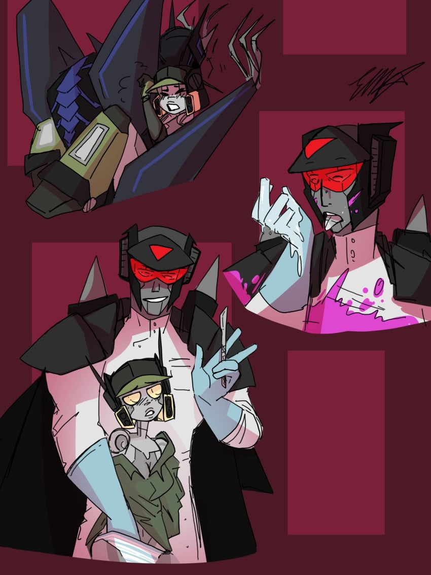 blush fan_character fingering_through_panties fingering_under_clothes gloves legs_crossed love_triangle oc panties pinned_to_wall pussy_juice robot robot_girl soundblaster_(oc) soundwave soundwave_(tp) sparkplug star-the-skeleton transformers transformers_prime