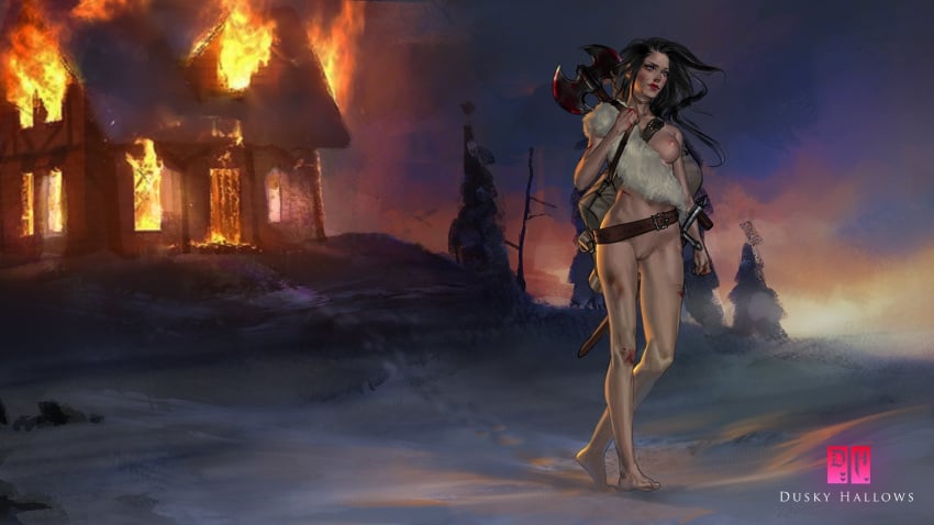 artist_name axe barefoot belt black_hair breasts brown_belt building burning burning_building carmen_(sanguine_rose) duskyhallows female highres large_breasts long_hair outdoors purple_eyes pussy sanguine_rose solo standing weapon weapon_on_back