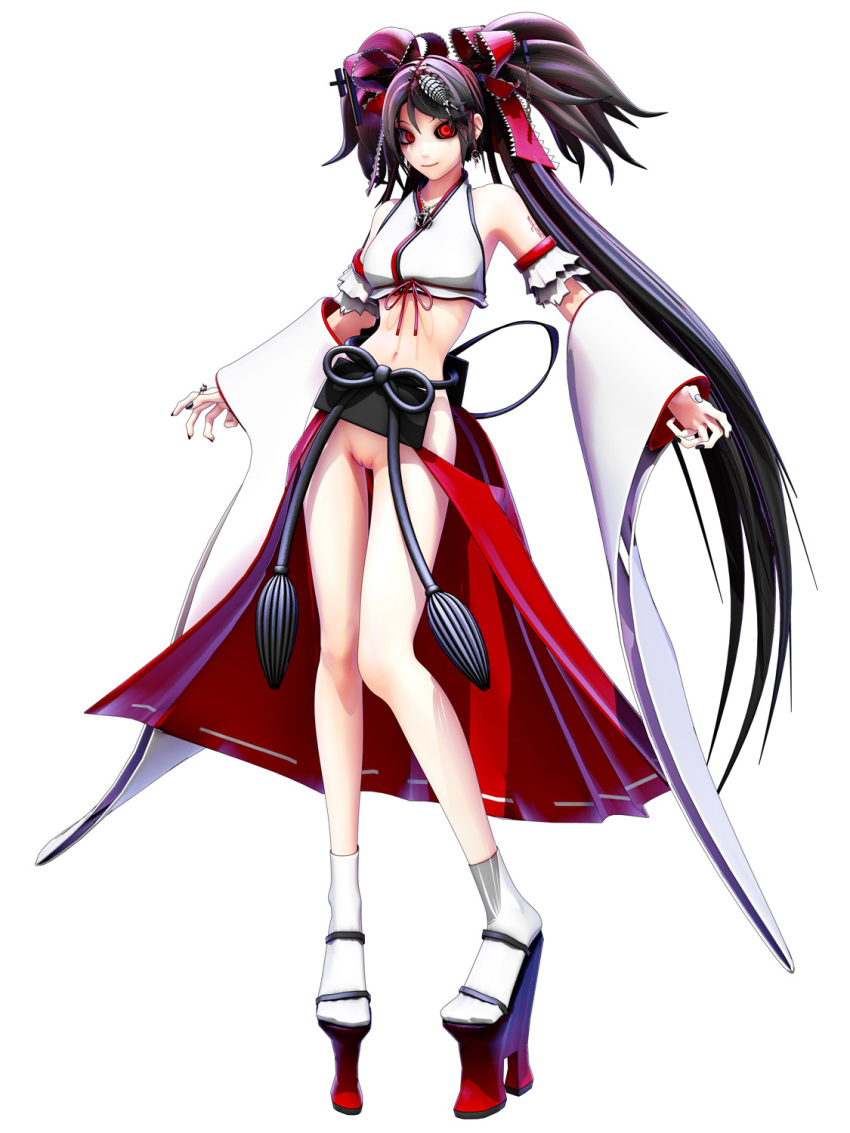 3d black_hair breasts female looking_at_viewer maeda_koutarou navel original platform_footwear platform_sandals pussy red_eyes solo uncensored