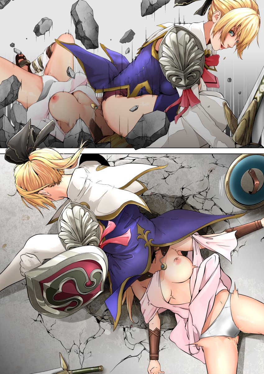 2girls armor ass ass_on_face big_breasts blonde_hair breasts cassandra_alexandra cracked_ground crush defeated elbow_gloves facesitting female female_only femdom femsub gloves green_eyes hi_res incest kackey medium_hair motion_lines nipples one_breast_out panties shield siblings sisters sophitia_alexandra soul_calibur sword thighhighs weapon white_panties yuri