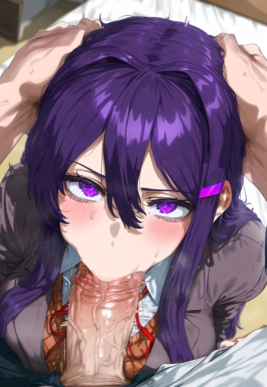 1boy 1girls ai_generated big_breasts blush breasts doki_doki_literature_club fellatio female female_focus huge_breasts large_breasts long_hair looking_at_viewer looking_pleasured purple_eyes purple_hair school_uniform yuri_(doki_doki_literature_club)