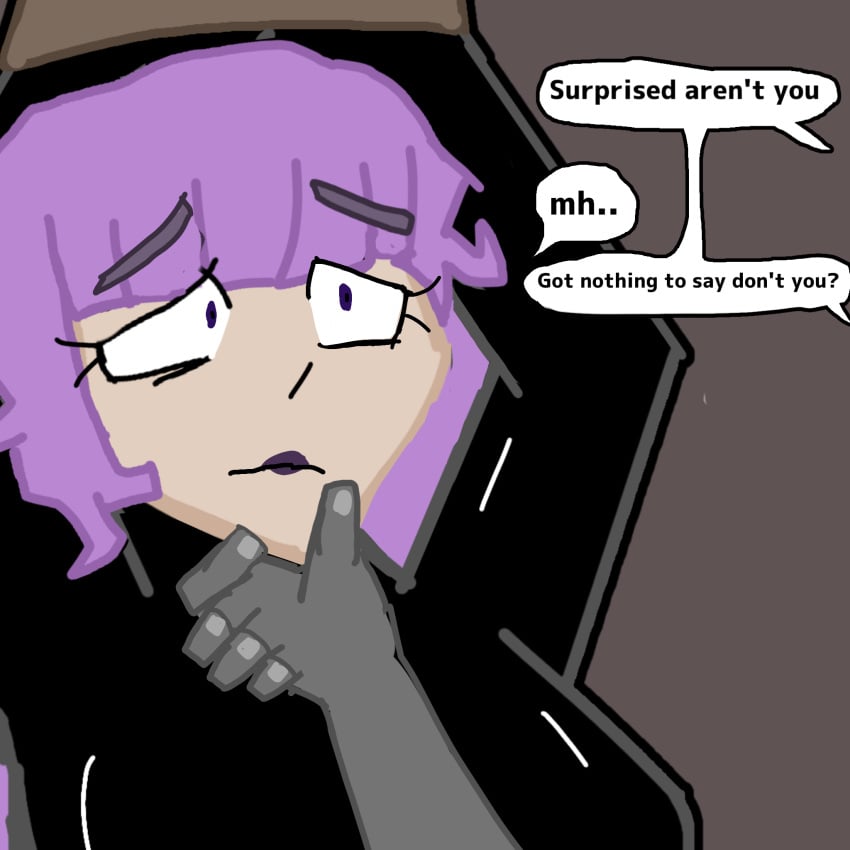 comic_parts corruptedftm_(artist) hand_on_chin hands_tied_above_head kidnapped latex_suit original_character purple_hair purple_lipstick scared story