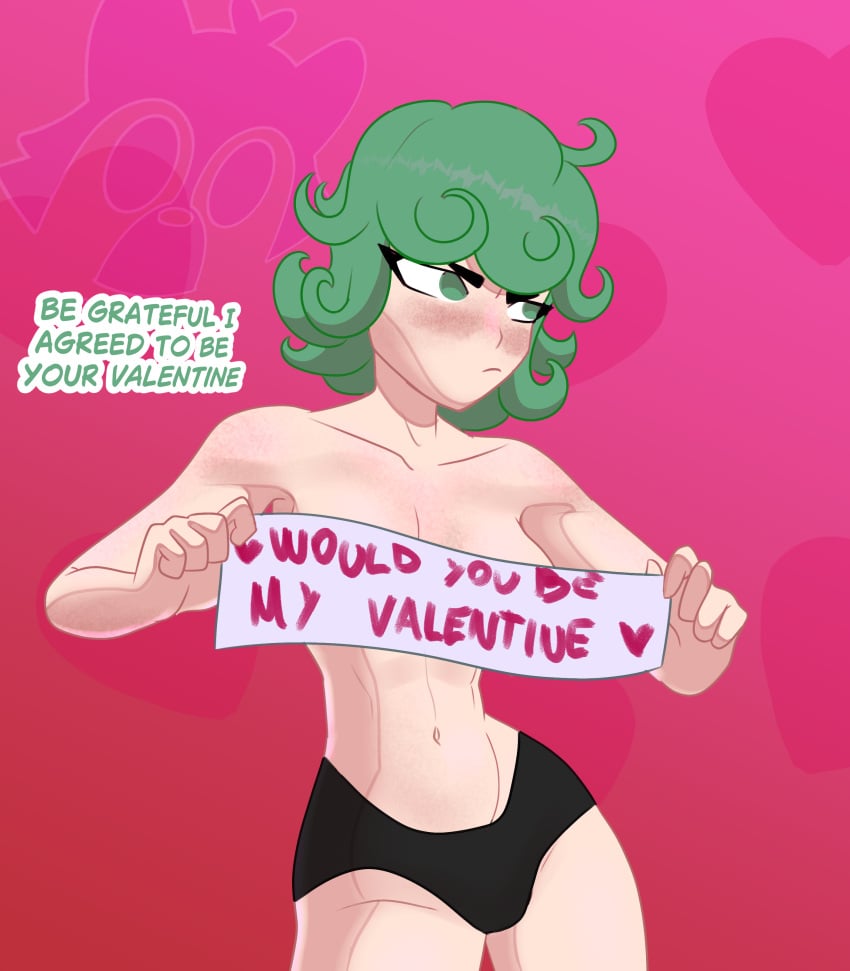 anime dialogue evil_raccoon green_eyes green_hair one-punch_man pale_skin petite short_hair small_breasts tatsumaki topless underwear valentine's_day