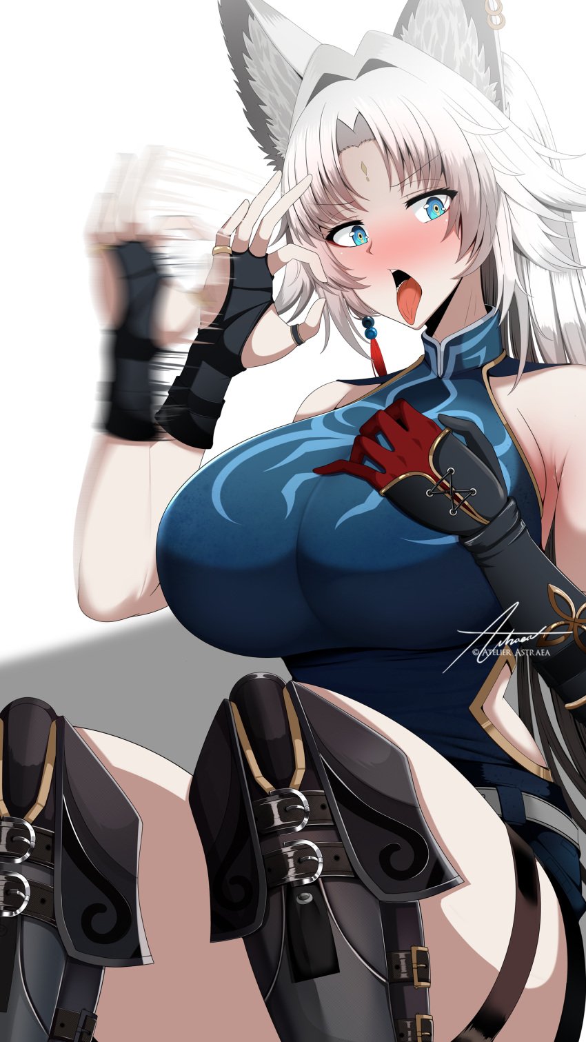 absurdres animal_ears astraea_(atelierastraea) asymmetrical_gloves black_gloves blue_eyes blush breasts commentary_request feixiao_(honkai:_star_rail) fellatio_gesture female fingerless_gloves gloves highres honkai:_star_rail honkai_(series) huge_breasts large_breasts long_hair looking_at_viewer mismatched_gloves motion_lines open_mouth red_gloves signature simple_background sitting solo tongue tongue_out white_background white_hair