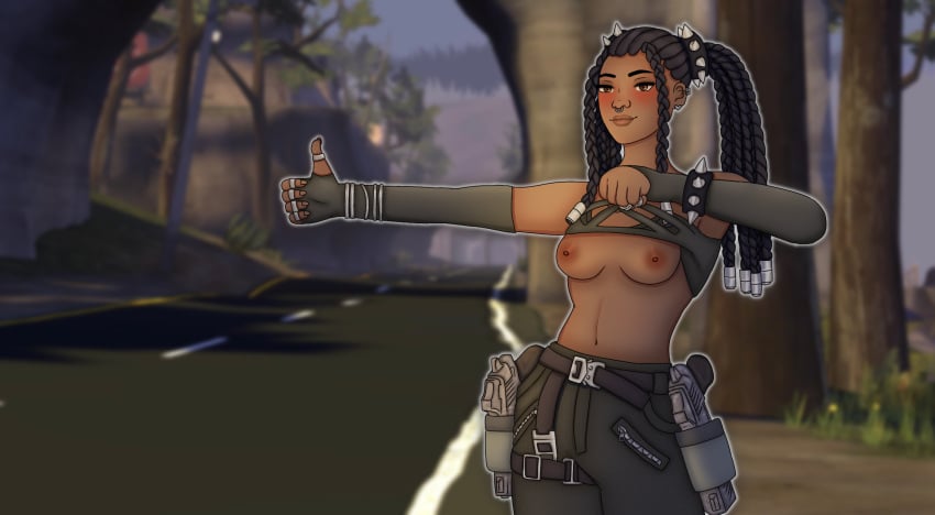 1girls breasts dark-skinned_female dark_skin female flashing flashing_breasts fortnite fortnite:_save_the_world hitchhiking nia_(fortnite) nipples quibble34 solo solo_female