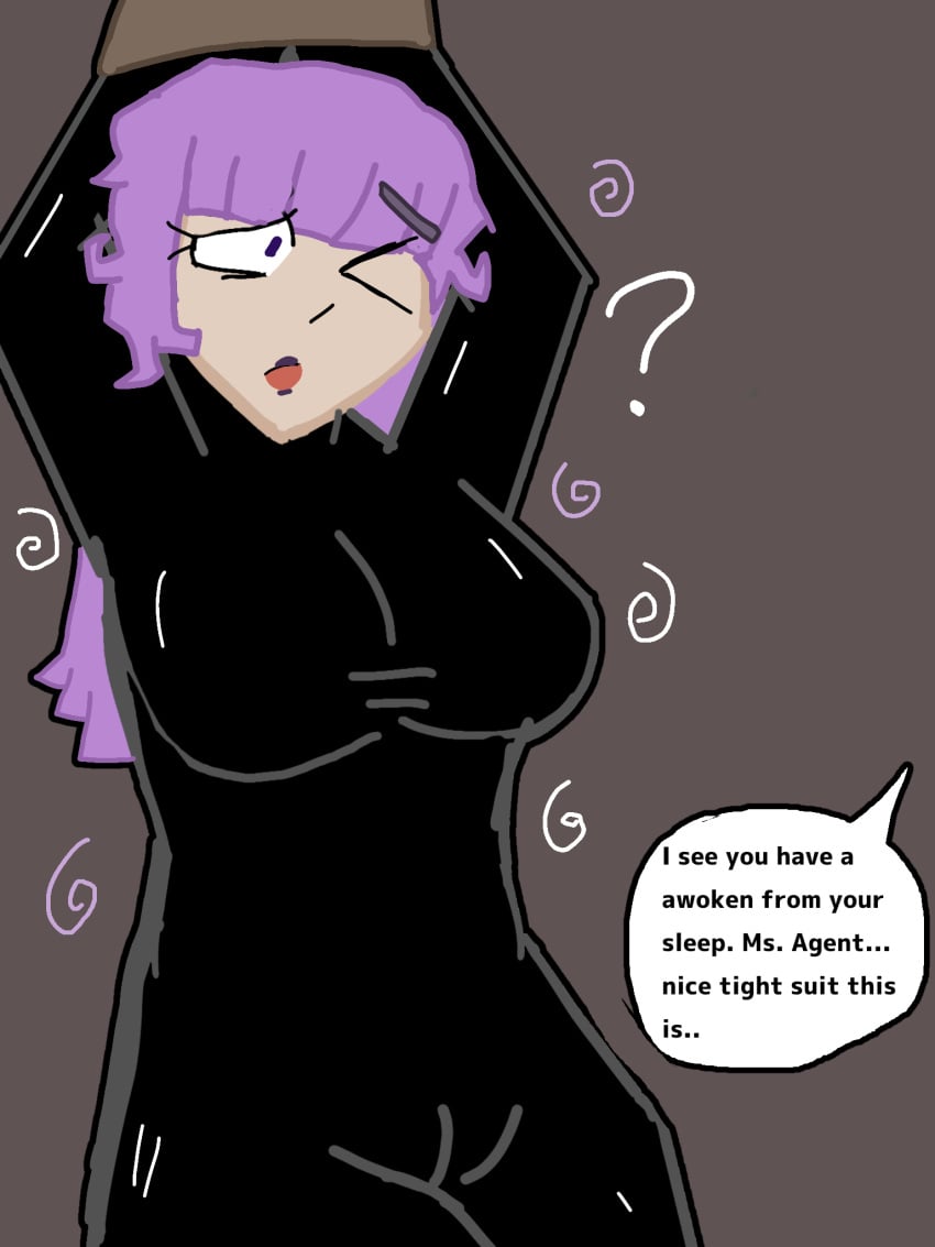 cameltoe comic_parts confused corruptedftm_(artist) dizzy hands_tied_above_head huge_breasts kidnapped knocked_out latex_suit original_character purple_hair purple_lipstick story tight_fit