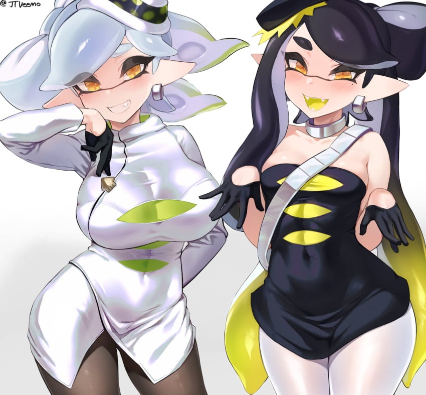 2girls alternate_breast_size big_ass big_breasts black_pantyhose blush breasts callie_(alterna) callie_(splatoon) coat curvy dress earrings female female_only gloves golden_eyes huge_breasts inkling inkling_girl jtveemo large_breasts looking_at_viewer marie_(alterna) marie_(splatoon) pantyhose skull_crushing_thighs small_breasts smiling splatoon squid_sisters squid_sisters_(splatoon) tentacle_hair thick_thighs white_pantyhose wide_hips