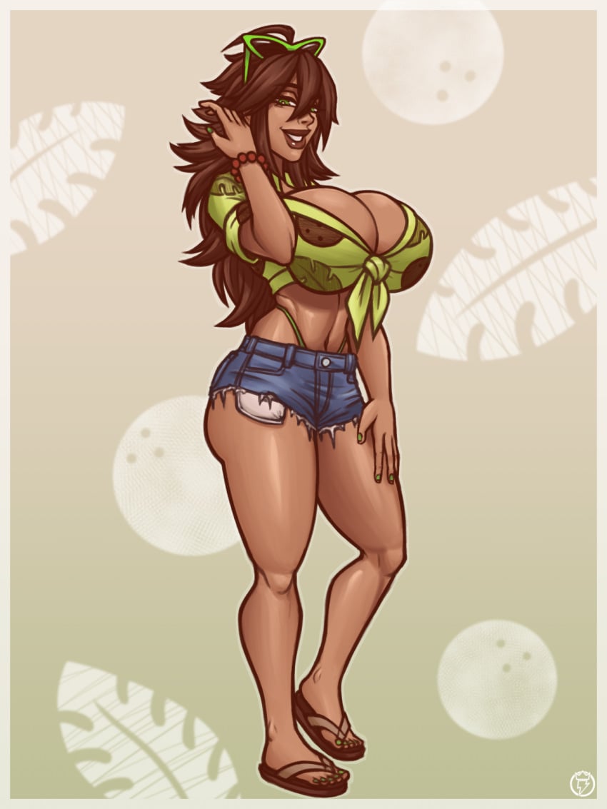 abs bracelet brown_hair brown_hair camila_(investorinlewds) cleavage dark-skinned_female front-tie_top green_eyes hourglass_figure large_breasts midriff pinup raiounsfw sandals short_shorts shorts slim_waist smile smiling sunglasses sunglasses_on_head thick_thighs thin_waist whale_tail_(clothing)