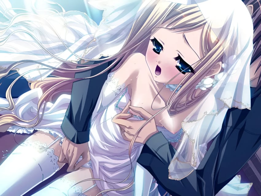 blonde_hair blue_eyes blush breasts bride collarbone elbow_gloves fingering_partner fingering_pussy game_cg garter_belt garter_straps gloves harukoi_otome_~otome_no_sono_de_gokigenyou~ haryuu_sonia katagiri_hinata long_hair nipples off_shoulder official_art open_mouth pinching_nipples small_breasts sweat sweaty_body thighhighs thighs wedding_dress wedding_lingerie wedding_veil white_gloves white_thighhighs