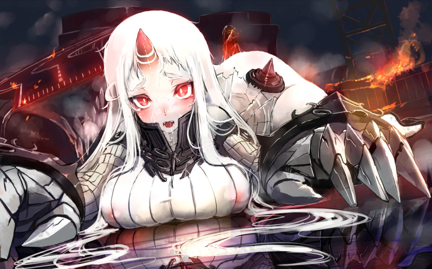 akasaai blush bottomless breasts covered_nipples cum detached_sleeves facial female highres horn kantai_collection large_breasts long_hair pale_skin red_eyes reflection ribbed_sweater seaport_hime shinkaisei-kan solo sweater white_hair