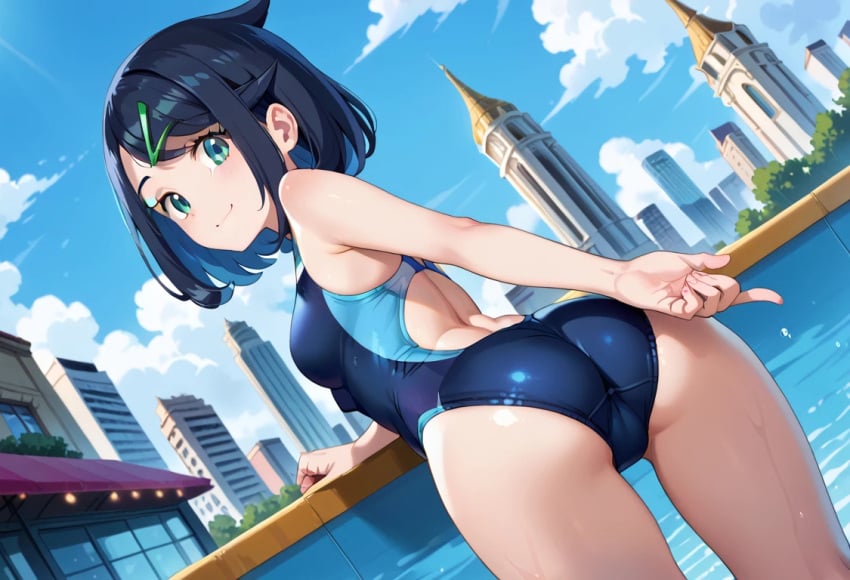 ai_generated ass ass_focus back_view backboob bare_legs big_ass big_butt black_hair blue_eyes fat_ass huge_breasts huge_thighs large_breasts light-skinned_female light_skin liko_(pokemon) looking_back multicolored_hair one-piece_swimsuit pokemon pokemon_(anime) pokemon_horizons pool poolside raphiell short_hair smiling solo_female squatting sweat sweatdrop swimsuit thick_thighs thighs voluptuous voluptuous_female