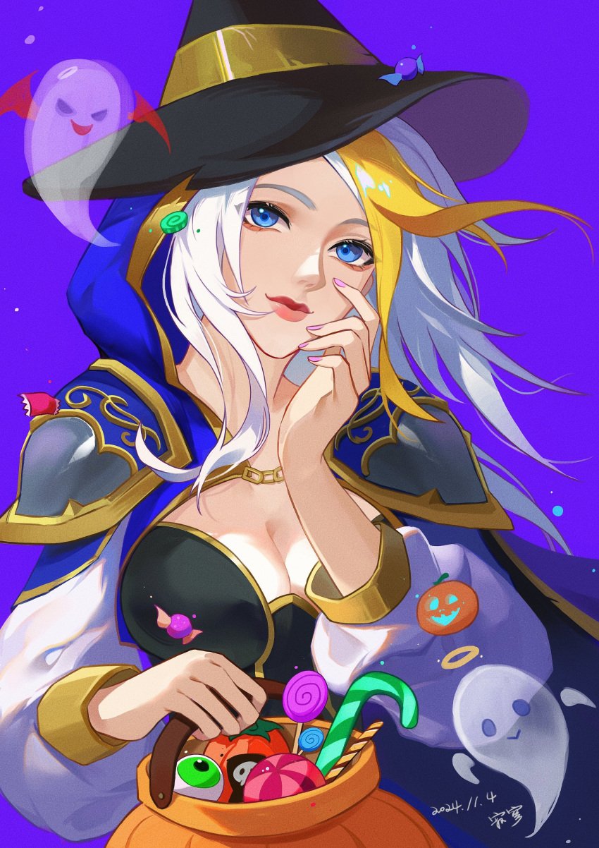 big_breasts blue_eyes candies halloween halloween_costume huge_breasts human_mage jaina_proudmoore massive_breasts warcraft witch_hat world_of_warcraft