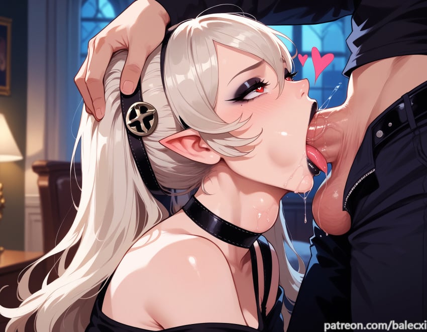 1boy ai_generated balecxi black_choker black_lips blush corrin_(female)_(fire_emblem) corrin_(fire_emblem) corrin_(fire_emblem)_(female) deepthroat eyeshadow fellatio female fire_emblem hairband heart heart-shaped_pupils indoors lipstick long_hair makeup mostly_clothed oral penis pointy_ears red_eyes saliva saliva_drip saliva_on_penis saliva_on_tongue saliva_string solo_focus straight symbol-shaped_pupils testicles throat_bulge tongue tongue_out twintails uncensored vampire veiny_penis