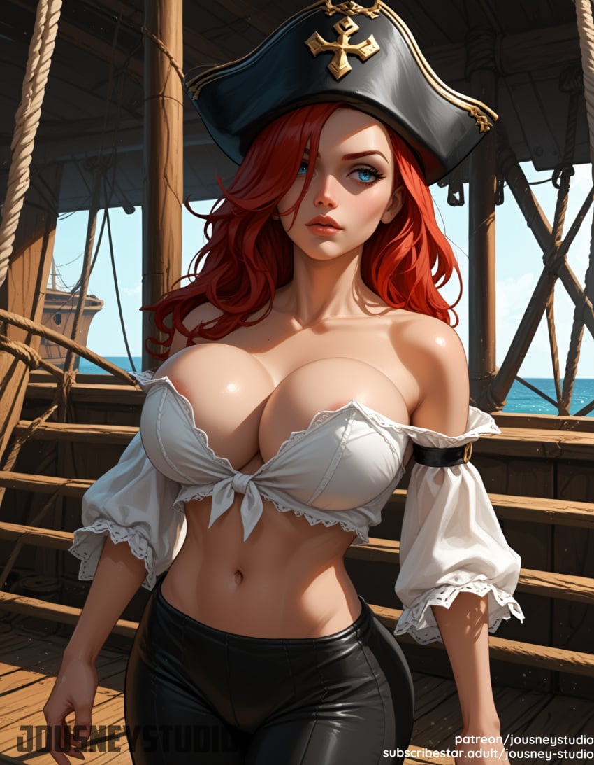 ai_generated areola_slip areolae bangs bare_shoulders black_headwear black_pants blue_eyes blue_sky blush bra breasts clavicle cleavage closed_mouth clothing cloud crop_top day detached_sleeves female female female_only hair_over_one_eye hat headwear indoors jewelry jousneystudio large_breasts league_of_legends lips lol long_hair long_sleeves looking_at_viewer looking_away looking_to_the_side makeup medium_breasts midriff miss_fortune miss_fortune_(league_of_legends) mole navel nipples no_bra nose ocean off-shoulder_shirt off_shoulder original outdoors pants parted_lips pirate pirate_hat red_hair red_lips rope ship shirt sky smile solo standing stomach sunlight thighs tight tight_pants underwear watercraft wavy_hair white_shirt window