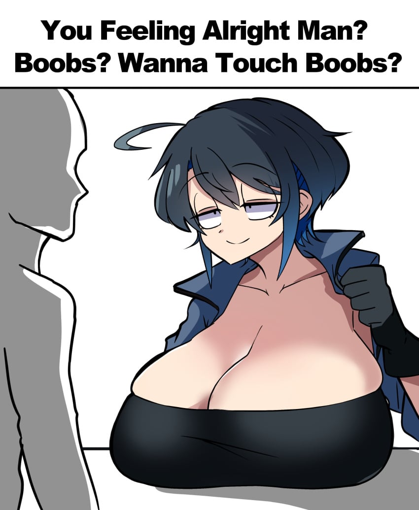 1boy 1girls anonymous_male big_breasts blue_eyes breasts english english_text female female_focus huge_boobs huge_breasts kataoti_30 light-skinned_female light_skin looking_at_partner male meme original original_character short_hair