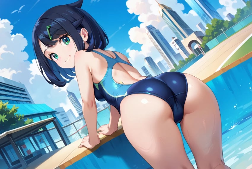 ai_generated ass ass_focus bare_legs big_ass big_butt black_hair blue_eyes fat_ass huge_breasts huge_thighs large_breasts light-skinned_female light_skin liko_(pokemon) looking_back multicolored_hair one-piece_swimsuit pokemon pokemon_(anime) pokemon_horizons pool poolside raphiell short_hair smiling solo_female squatting sweat sweatdrop swimsuit thick_thighs thighs voluptuous voluptuous_female