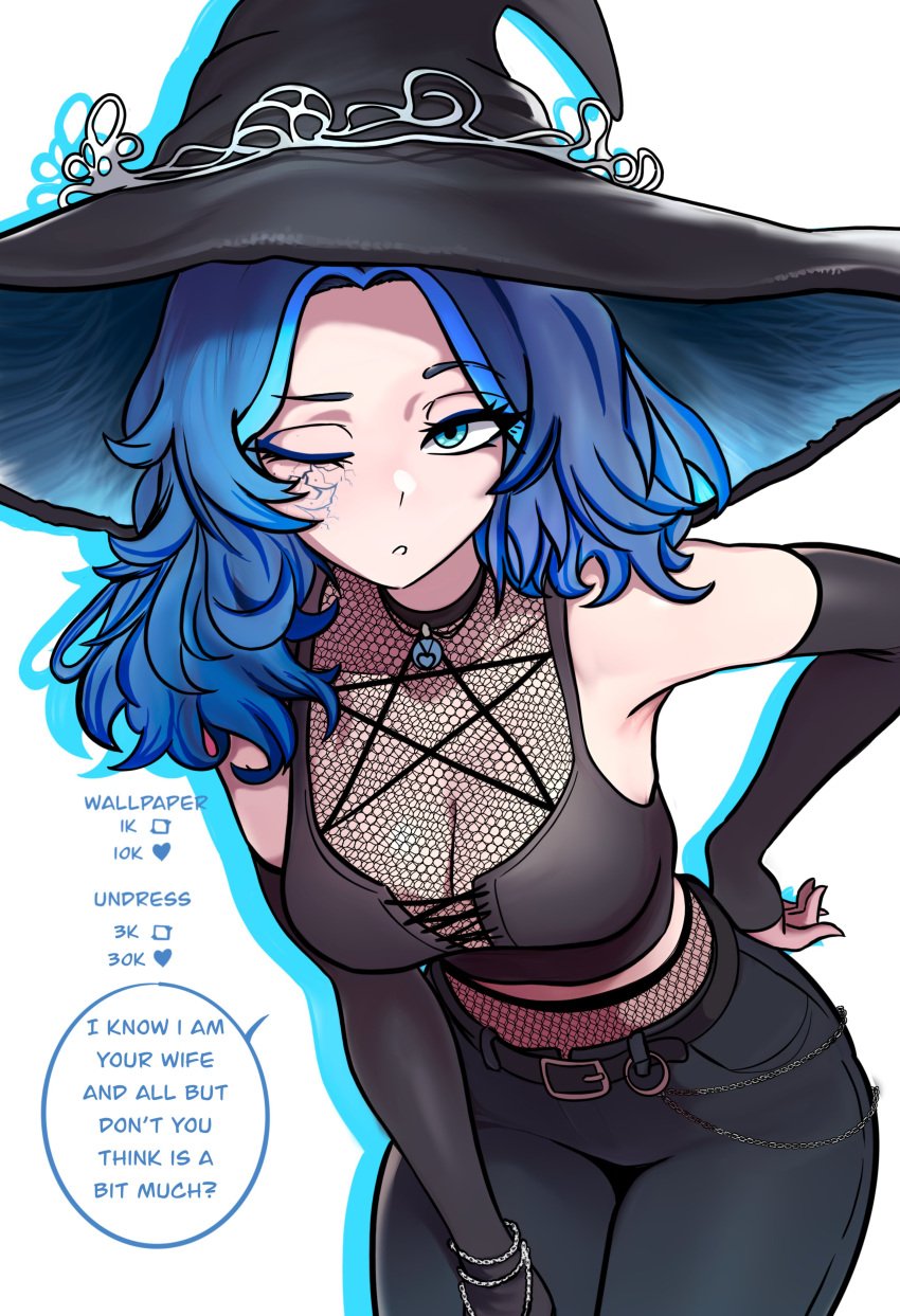 1girls bent_over breasts cleavage elden_ring female female_only fishnets fromsoftware gentle_femdom goth goth_girl meme pov ranni_the_witch redpostit social_media talking_to_viewer thick_thighs twitter twitter_strip_game_(meme) wholesome wife witch_hat