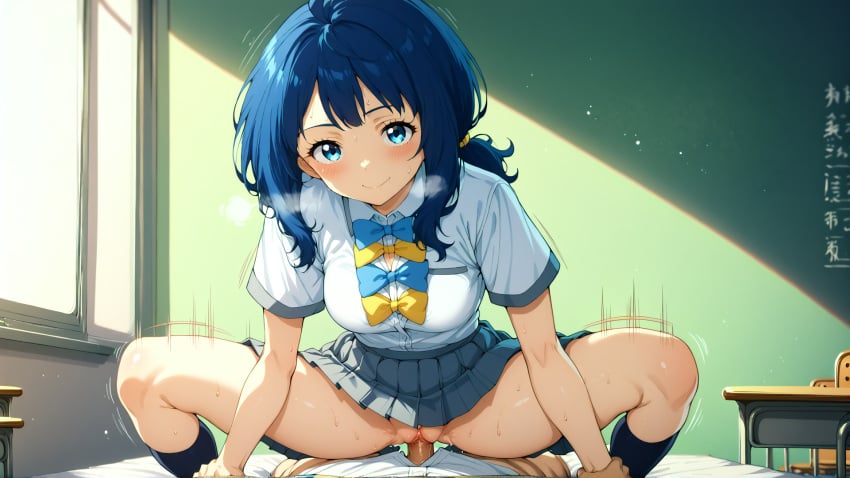 1girls ai_generated blue_bowtie blue_eyes blue_hair blue_thighhighs classroom closed_mouth clothed_sex cowgirl_position facing_viewer grey_skirt happy_sex heavy_breathing looking_at_viewer make_heroine_ga_oo_sugiru! medium_breasts medium_hair penis pleated_skirt ponytail pov pussy school_uniform sex smile stable_diffusion uncensored vaginal_penetration white_shirt wrist_grab yanami_anna yellow_bowtie