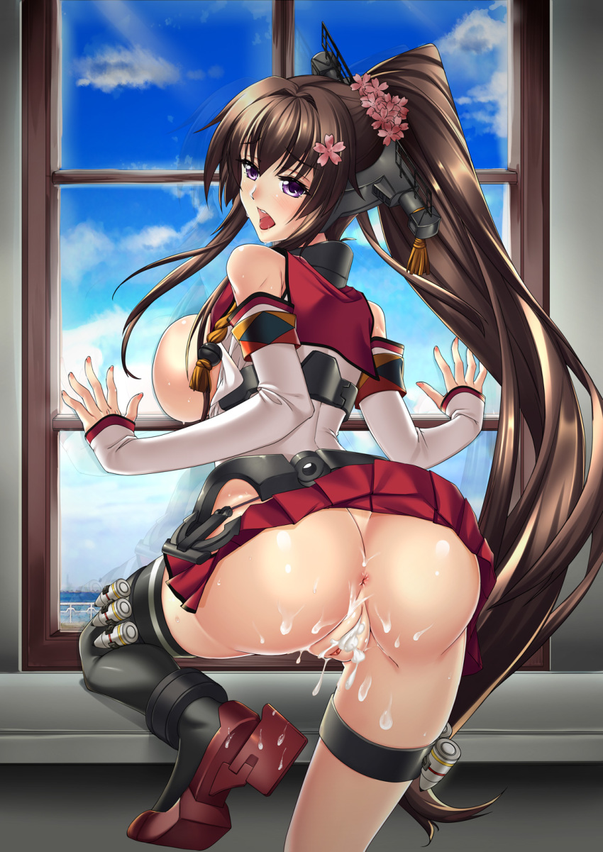 1girls against_glass anchor anus ass black_legwear blush breasts brown_hair cherry_blossoms cum cum_on_ass cumdrip detached_sleeves female flower hair_flower hair_ornament headgear highres kantai_collection large_breasts long_hair merufena open_mouth ponytail purple_eyes pussy reflection single_thighhigh skirt solo thighhighs tied_hair very_long_hair yamato_(kantai_collection)