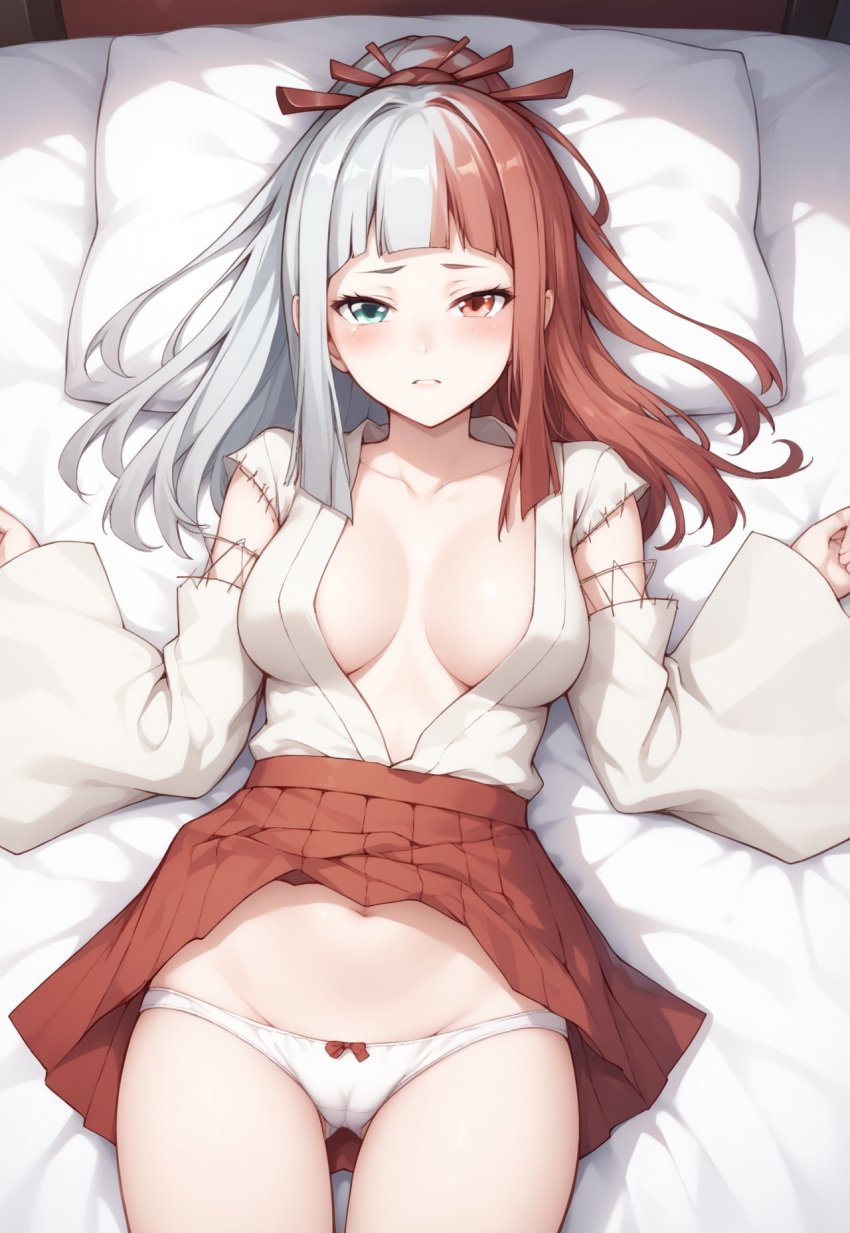 1girls ai_generated bed_sheet blue_eyes blush breasts detached_sleeves female female_only hakama hakama_skirt hassaku_xl heterochromia japanese_clothes looking_at_viewer masa_works_design milua multicolored_hair navel no_bra on_back on_bed oni_to_kitsune_no_hanashi panties parted_lips pillow red_eyes red_hair self_upload skirt_lift solo solo_female split-color_hair tsukuyomi_oborodzuka two-tone_hair underwear white_hair