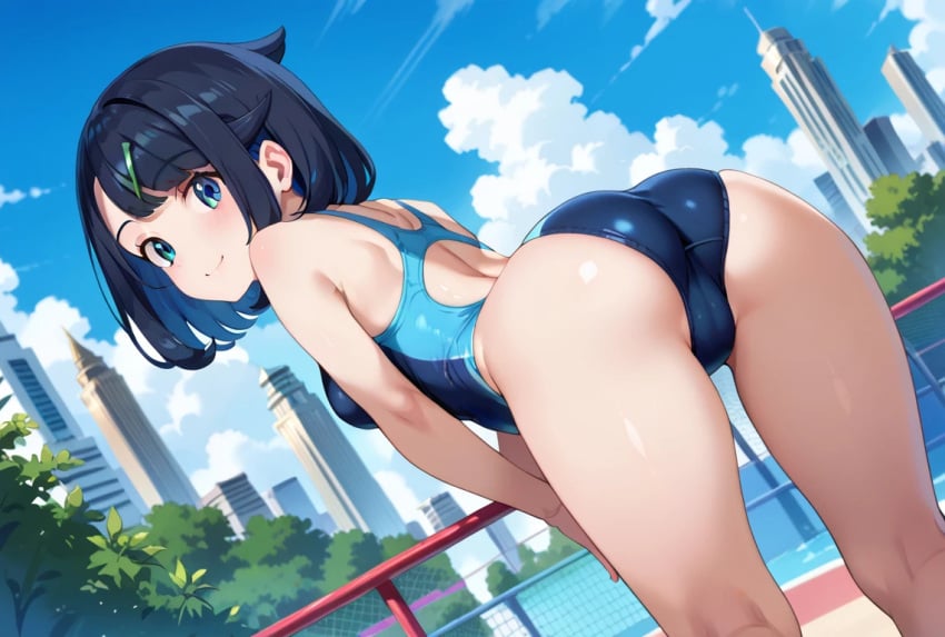 ai_generated ass ass_focus back_view backboob bare_legs big_ass big_butt black_hair blue_eyes fat_ass huge_breasts huge_thighs large_breasts light-skinned_female light_skin liko_(pokemon) looking_back multicolored_hair one-piece_swimsuit pokemon pokemon_(anime) pokemon_horizons pool poolside raphiell short_hair smiling solo_female squatting sweat sweatdrop swimsuit thick_thighs thighs voluptuous voluptuous_female