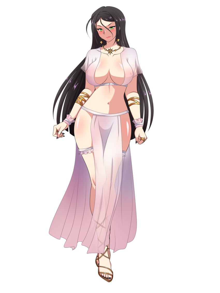 axia_the_grim_reaper belly_button big_breasts black_hair black_nail_polish dress goddess green_eyes hair_in_face lucretia navel nipples_visible_through_clothing purple_dress sandles zuttecita