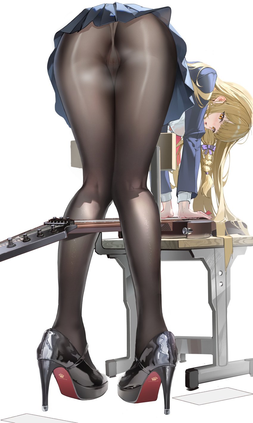 absurdres bent_over black_footwear black_pantyhose blazer blonde_hair blue_jacket blue_skirt blunt_bangs blush bow braid chair colored_shoe_soles commentary electric_guitar female from_behind fujita_kotone full_body gakuen_idolmaster guitar hairbow high_heels highres holding holding_plectrum huade_xiami idolmaster instrument jacket kneepits knees_together_feet_apart legs long_hair looking_at_viewer mary_janes miniskirt open_mouth orange_eyes panties pantyhose pleated_skirt plectrum pumps purple_bow pussy school_chair school_uniform see-through_clothes see-through_panties shiny_footwear shoe_soles shoes simple_background skirt solo stiletto_heels tongue tongue_out underwear variant_set white_background white_panties