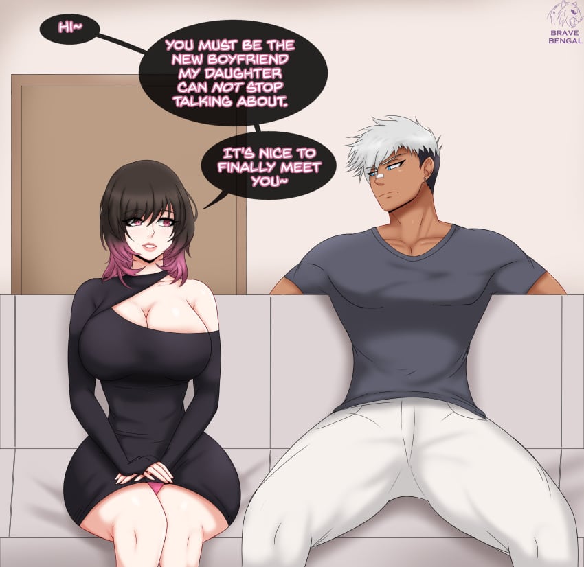 age_difference ara_ara big_breasts black_hair bravebengal clothed huge_breasts milf original_character sofa white_hair