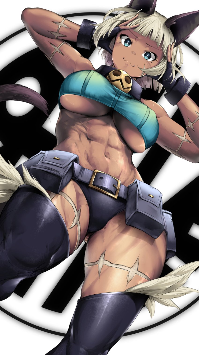 1girls :3 abs animal_ears belt belt_pouch black_gloves black_legwear black_panties blonde_hair blue_eyes breasts cat_ears cat_tail crop_top female female_only fingerless_gloves from_below gloves highres large_breasts midriff muscular_female nadia_fortune no_bra panties revision skullgirls solo tail thick_thighs thighhighs thighs toned underboob underwear upshorts yana_(nekoarashi)