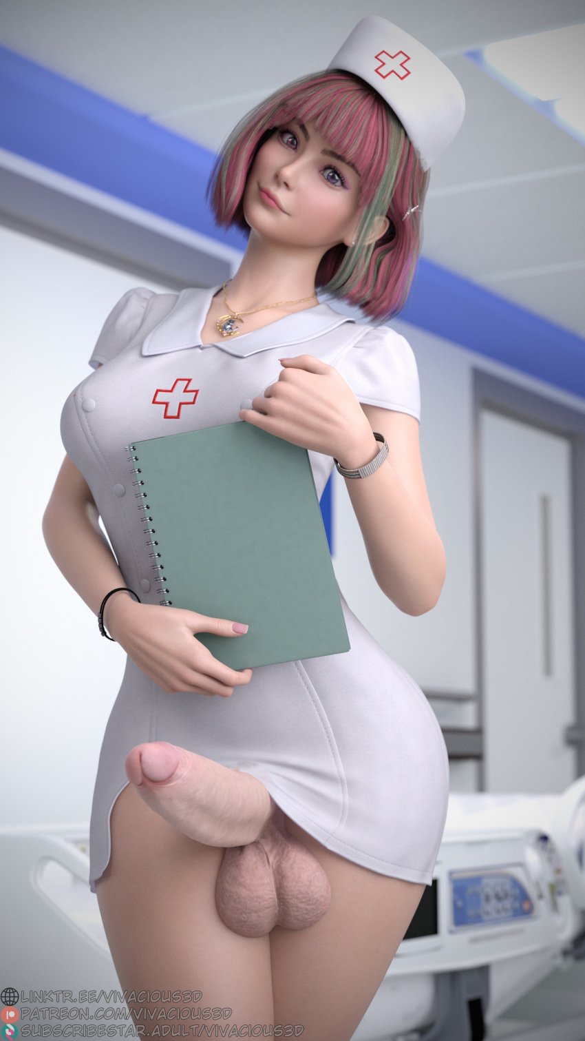 1futa 3d balls erection futanari nurse nurse_cap penis pink_hair solo vivacious3d