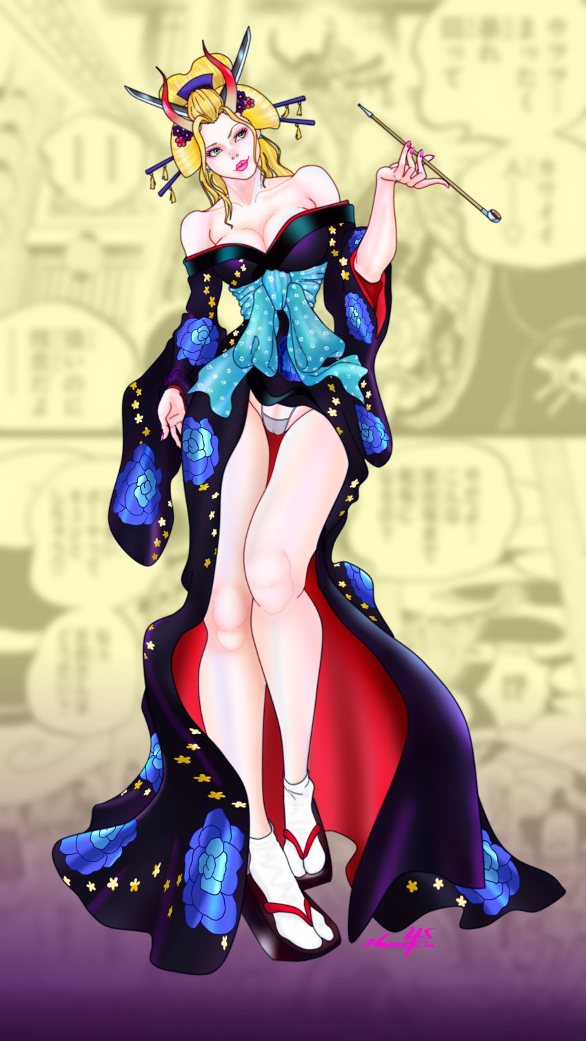 beast_pirates black_maria blonde_female blonde_hair cigarette_holder cleavage female female_only geisha geisha_hair heruka heruka_(artist) horns kimono large_breasts one_piece panties wano_country