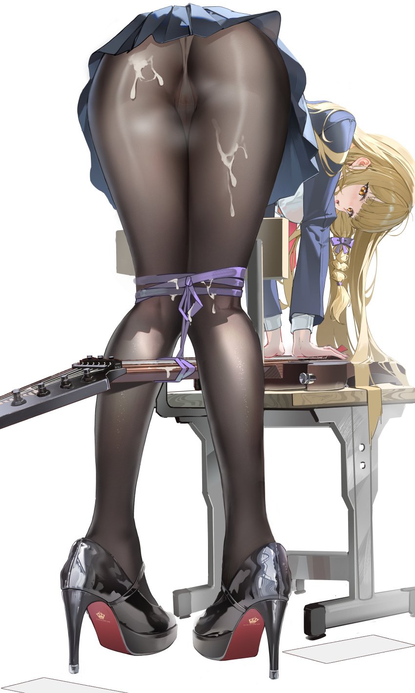 absurdres bent_over black_footwear black_pantyhose blazer blonde_hair blue_jacket blue_skirt blunt_bangs blush bound bound_knees bow braid chair colored_shoe_soles commentary electric_guitar female from_behind fujita_kotone full_body gakuen_idolmaster guitar hairbow high_heels highres holding holding_plectrum huade_xiami idolmaster instrument jacket kneepits knees_together_feet_apart legs long_hair looking_at_viewer mary_janes miniskirt open_mouth orange_eyes panties pantyhose pleated_skirt plectrum pumps purple_bow pussy school_chair school_uniform see-through_clothes see-through_panties shiny_footwear shoe_soles shoes simple_background skirt solo stiletto_heels suggestive_fluid tongue tongue_out underwear variant_set white_background white_panties