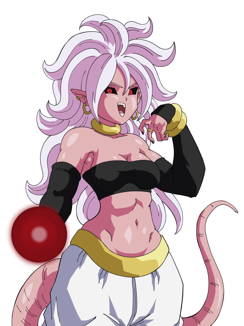 android_21 android_21_(evil) arm_support armpits big_breasts black_nails black_sclera black_sleeves black_topwear curly_hair digital_art digital_drawing digital_drawing_(artwork) digital_media digital_media_(artwork) digital_painting_(artwork) dragon_ball dragon_ball_fighterz dragon_ball_legends energy_ball fangs golden_belt golden_bracelets golden_collar golden_earrings golden_ring ki_blast long_hair majin_android_21 no_nude open_mouth pink_skin purple_hair red_eyes smiley_face super_dragon_ball_heroes tail villain villainess white_hair white_pants yamidanight