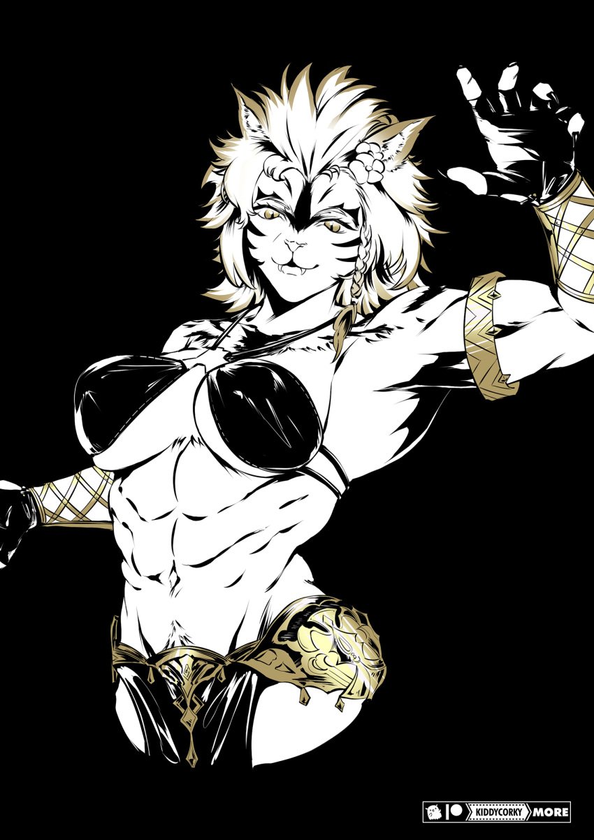 abs animal_ears armlet armpits biceps bikini braid breasts cat_ears facial_mark fangs female fingerless_gloves furry gloves hand_up hrothgar jewelry kiddycorky large_breasts looking_at_viewer muscular muscular_female navel obliques oerba_yun_fang short_hair slit_pupils smile solo swimsuit tiger_ears warrior_of_light_(ff14) yellow_eyes