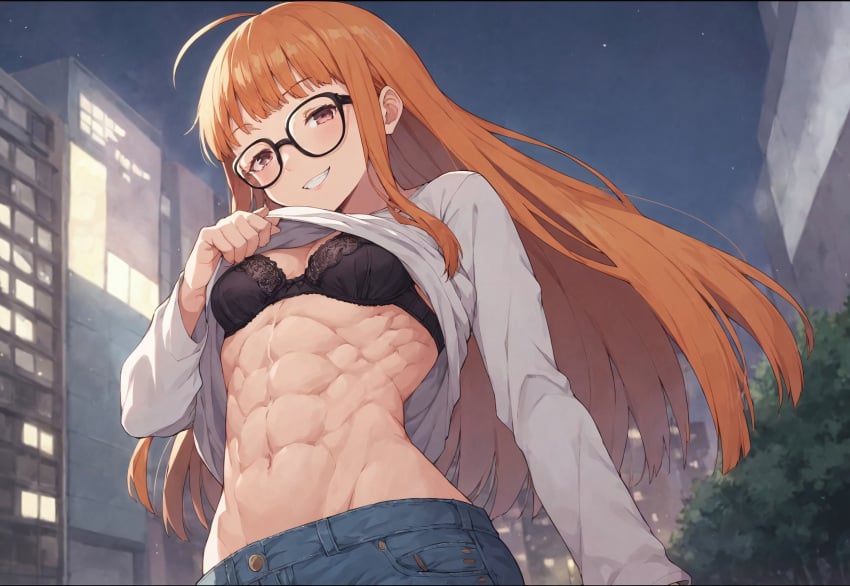 abs ai_generated bra city civitai grin half-closed_eyes long_hair muscular muscular_female night orange_hair persona persona_5 sakura_futaba shirt_lift smile