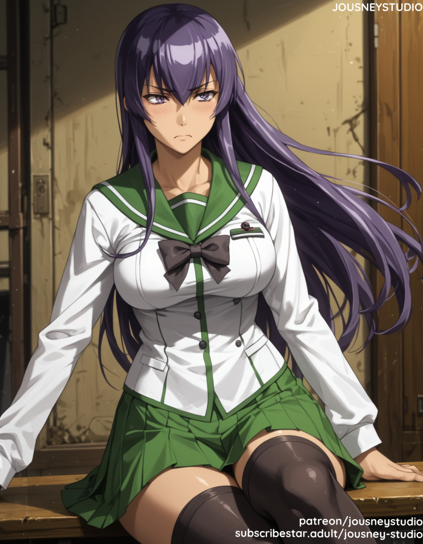 ai_generated bangs black_bow black_hair black_legwear black_thighhighs blush bow bowtie breasts busujima_saeko closed_mouth clothing female female green_sailor_collar green_skirt hair_between_eyes high_school_of_the_dead indoors jousneystudio large_breasts legwear long_hair long_sleeves looking_at_viewer miniskirt pleated_skirt purple_eyes purple_hair saeko_busujima sailor_collar school_uniform serafuku shirt sitting skirt solo thighhighs thighs uniform white_shirt zettai_ryouiki