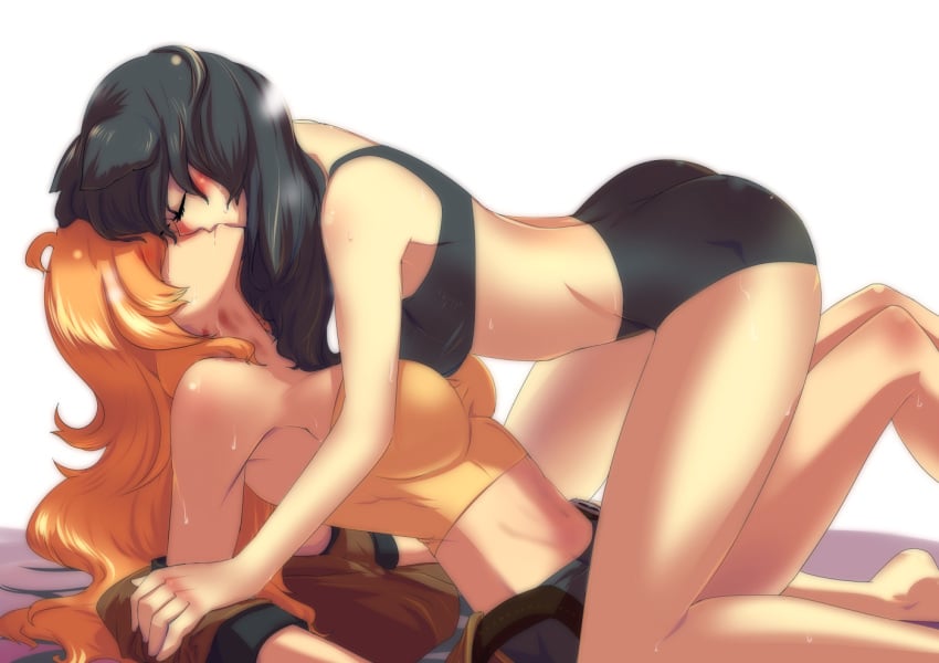 2girls animal_ears bakki blake_belladonna cat_ears faunus female female_only human imminent_sex kissing light-skinned_female light-skinned_male light_skin rwby underwear yang_xiao_long yuri