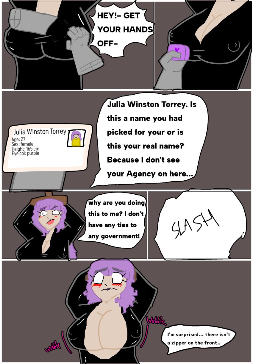 comic corruptedftm_(artist) exposed hands_on_breasts helpless_bitch huge_breasts id_card imminent_rape latex original_character purple_hair ripped_clothing ripping_clothing story wallet_purse