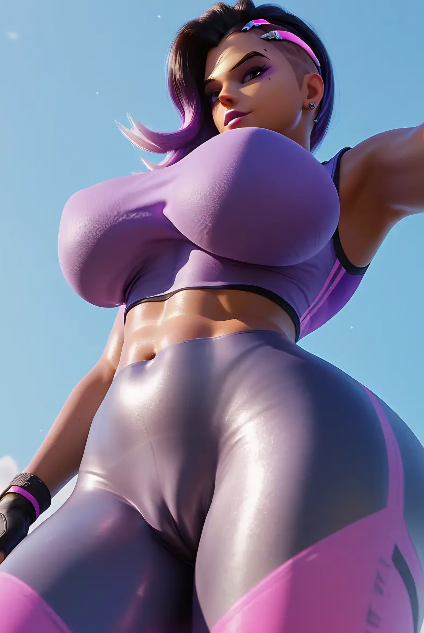 ai_generated cameltoe from_below huge_breasts leggings looking_at_viewer overwatch overwatch_2 seductive sombra thighs